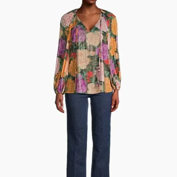 UNGARO Ariel Foiled Garden Blouse Womens XS Apricot Multi Floral Print NWT $595 - Picture 2 of 11